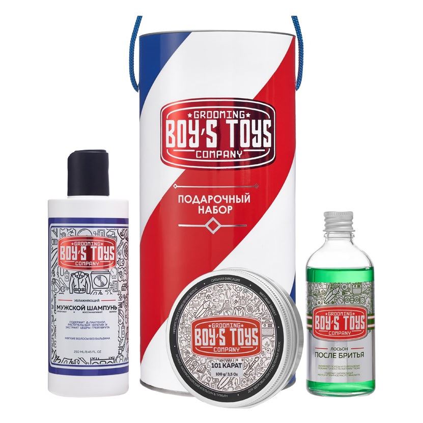 Boys Toys Barber Shaving Подарочный набор «Оптимальный» Набор: средство для укладки волос 101 Карат, Лосьон после бритья «Ментол & Эвкалипт», шампунь